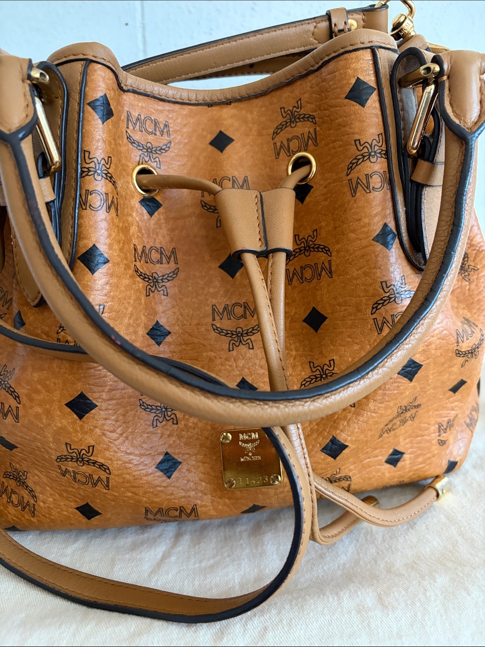 MCM Cognac Visetos Logo Drawstring Crossbody/Shoulder Bag - Picture 2 of 12
